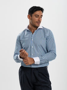 Green Striped Poplin White Collar and Cuff Shirt