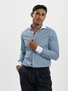 Green Striped Poplin White Collar and Cuff Shirt