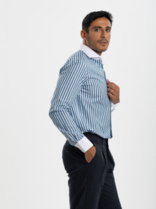 Green Striped Poplin White Collar and Cuff Shirt