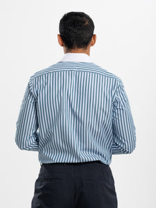 Green Striped Poplin White Collar and Cuff Shirt