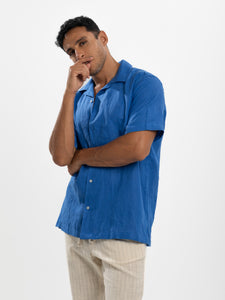 Blue Linen Half Sleeve Resort Collar Shirt