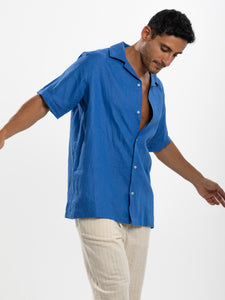 Blue Linen Half Sleeve Resort Collar Shirt